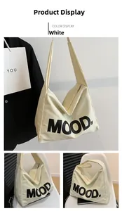Detail view of white canvas tote bag with MOOD lettering and zipper closure