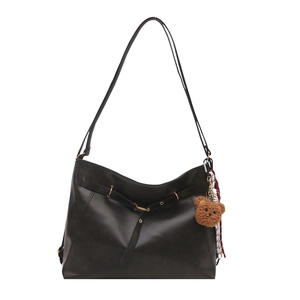 Retro black faux leather tote bag with gold hardware and a cute teddy bear charm