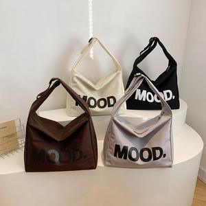 Borse shopper minimaliste in tela con stampa MOOD in quattro colori e tracolla