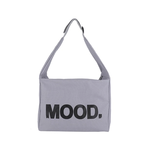 Minimalist grey canvas tote bag with MOOD. letter print and wide shoulder strap