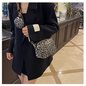 Detail view of stylish leopard print crossbody bag set with golden hardware and coin purse