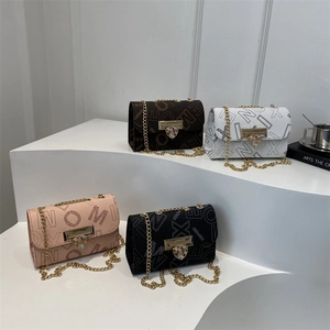 Chic letter print chain bags with heart crystal buckles in black, white, pink and brown