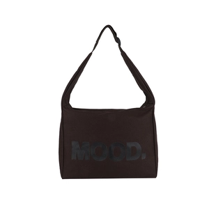 Borsa tote minimalista in tela marrone scuro con scritta MOOD per uso quotidiano