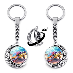 Ocean Sea Turtle Crescent Moon Rotating Keychain Zinc Alloy Glass Double Sided Marine Life Pendant Creative Key Ring Accessories Women Men Gift
