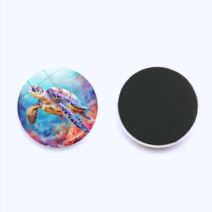 Round crystal glass sea turtle fridge magnet with marine reef pattern and magnetic back