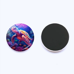 Detail view of 25mm round sea turtle fridge magnets with 3D crystal glass art and magnetic back