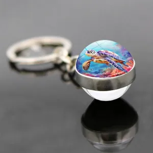 Vue macro du porte-clés orbe en verre tortue marine avec anneau en métal poli brillant