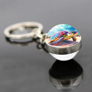 Porte-Clés Tortue De Mer Avec Pendentif Boule De Verre Double Face Vie Océanique Colorée Art Animal Marin Anneau En Alliage De Zinc
