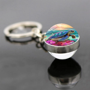 Porte-clés pendentif en verre tortue de mer avec illustration de récif océanique