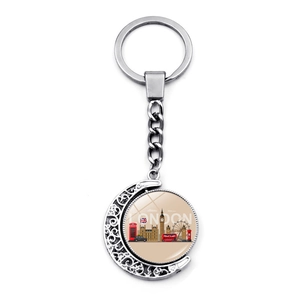 Detailed view of rotating London souvenir keychain featuring Big Ben and red bus icons