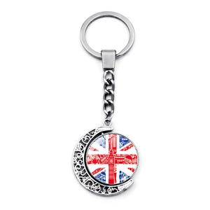 Detail of rotating pendant keychain featuring UK flag and London Big Ben landmarks
