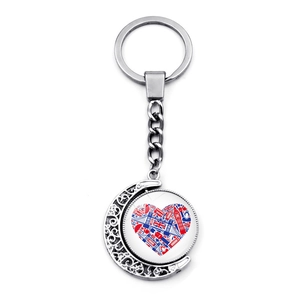 Close-up of rotating double-sided metal keychain with London icons and moon frame