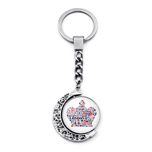 Detailed view of a silver rotating London keychain with Big Ben and red bus icons