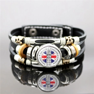 Punk vintage multi-layer leather bracelet with London Big Ben and Union Jack charm