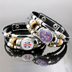 Multilayer Leather Bracelet Retro London England Big Ben Union Jack Punk Style Unisex Alloy Wood Beads Jewelry