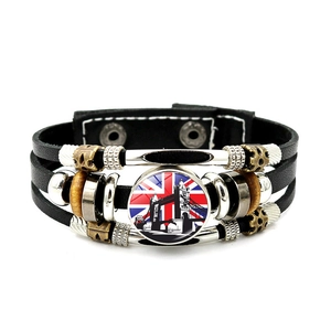 Multilayer leather bracelet featuring London Tower Bridge and Union Jack glass cabochon