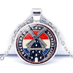 Vintage National Flag Landmark Building Pendant Necklace Silver Zinc Alloy Glass Cabochon World Travel Souvenir Jewelry For Unisex