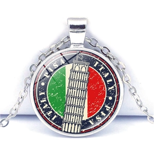 Macro shot of silver Leaning Tower of Pisa pendant with Italian flag and O-chain detail
