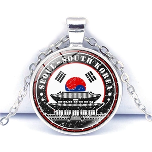 Silver Seoul South Korea pendant necklace with landmark silhouette and national flag