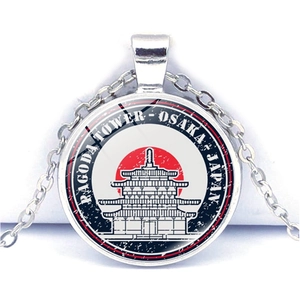 Silver chain necklace with Pagoda Tower Osaka Japan pendant and glass cabochon charm