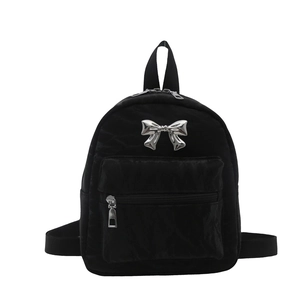 Mini black nylon backpack for women with silver metal bow and front zipper pocket