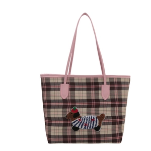Sac cabas à carreaux avec broderie teckel, grand sac à épaule pour les cours