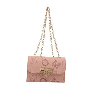 Pink crossbody bag with letter prints, gold chain strap and heart-shaped buckle