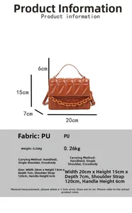 Diagramme de taille du sac à main matelassé en cuir PU marron avec chaîne et dimensions
