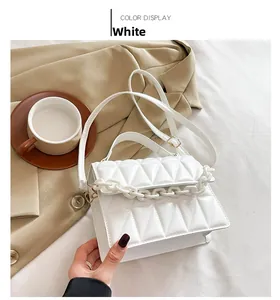 Détail du sac bandoulière matelassé blanc avec chaîne acrylique et sangle réglable
