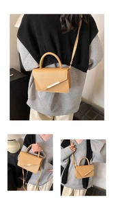 Detailed views of camel brown pebble leather handbag with gold metal hardware accents