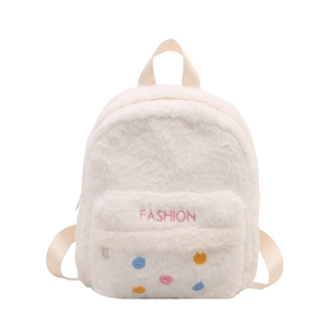 Weißer Kunstfell Rucksack mit rosa FASHION-Stickerei und bunten Knöpfen für Damen