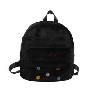 Sac à dos chic en fausse fourrure noire avec broderie FASHION et boutons colorés pour femmes