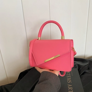 Women Handbag Litchi Pattern PU Leather Gold Metal Bar Decor Crossbody Bag Top Handle Commuter Minimalist Square Purse