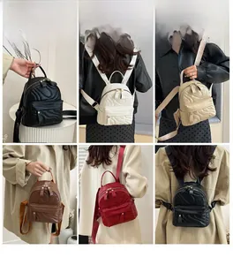 Collage of mini quilted backpacks in five colors showing stylish outdoor wearing styles