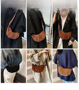 Vues détaillées de sacs croissants plissés vintage en marron, noir et kaki mat