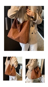 Three views of a large dark brown faux suede tote bag showing size and hobo style on a model