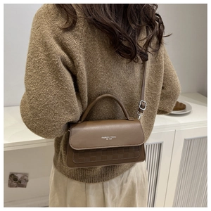 Detail of dark brown crossbody bag with checkered embossing and fashion trend text logo