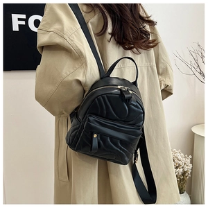 Detailed back view of a black quilted mini backpack with golden metal zippers on a model
