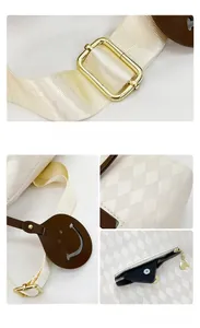 Détail du sac en cuir blanc matelassé avec sangle tissée large et boucles dorées
