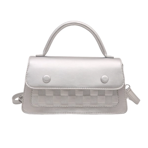 Silver matte leather crossbody bag with top handle and textured checkerboard pattern