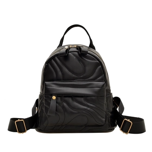 Retro black leather mini backpack for women with quilted wave pattern and gold hardware