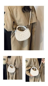 Vertical collage showing a white quilted dumpling bag worn by a model in a trench coat