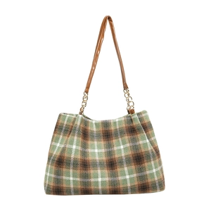 Vintage green and brown plaid tote bag with faux leather gold chain shoulder strap