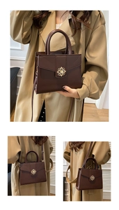Three-way view of women's dark brown tote bag showing handbag and shoulder bag styles