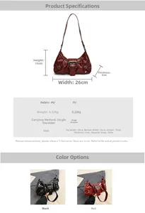 Detail of vintage PU leather square bag with large metal buckle and precise dimensions