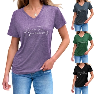Detail of V-neck T-shirts in multiple colors with Wine Tasting slogan and soft fabric texture