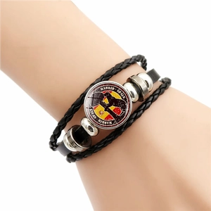 Bracciale Madrid Spagna in pelle intrecciata con emblema della bandiera e perline d'argento