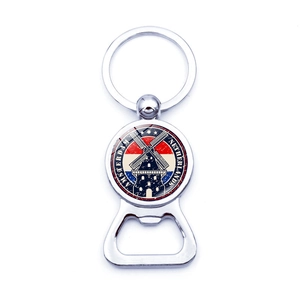 Silver metal bottle opener keychain with Amsterdam windmill design and Netherlands flag
