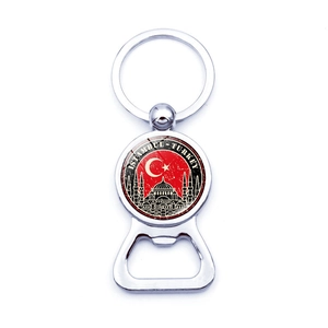 Detail of Istanbul Turkey metal beer bottle opener keychain with Turkish flag and mosque
