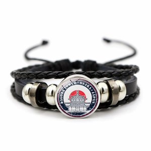 Bracciale Multistrato in Pelle Intrecciata Bandiera Nazionale Punto di Riferimento Cabochon in Vetro Lega Catena a Mano Souvenir di Viaggio